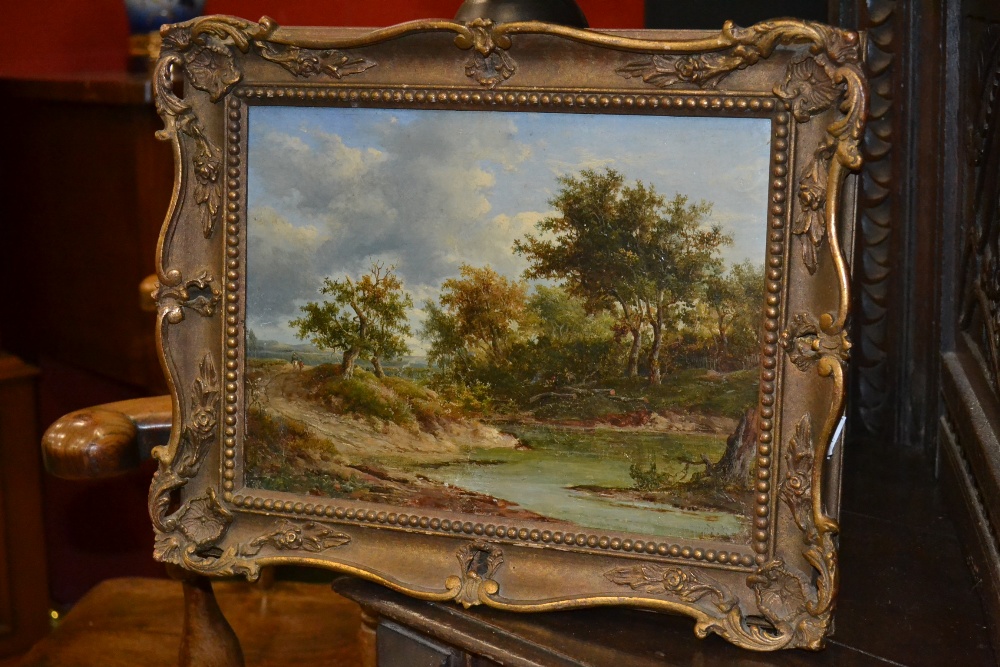 English school 19th century
leaving the water hole, 
oil on canvas,
unsigned, 22x29cm, framed