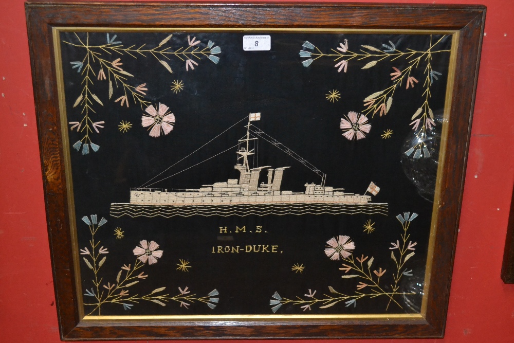 World War One, silk picture, embroidered with a titled view of Jellicoe's flagship H.M.S. Iron Duke,