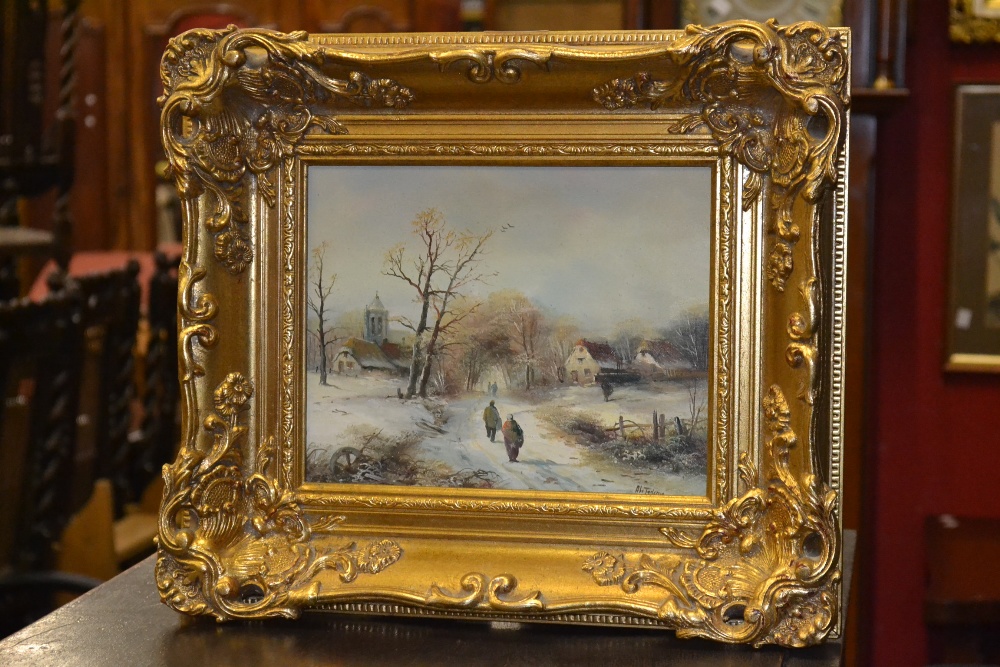 Abe Tadema (20th Dutch) snowy village path with figures, 19x24cm
signed picture frame