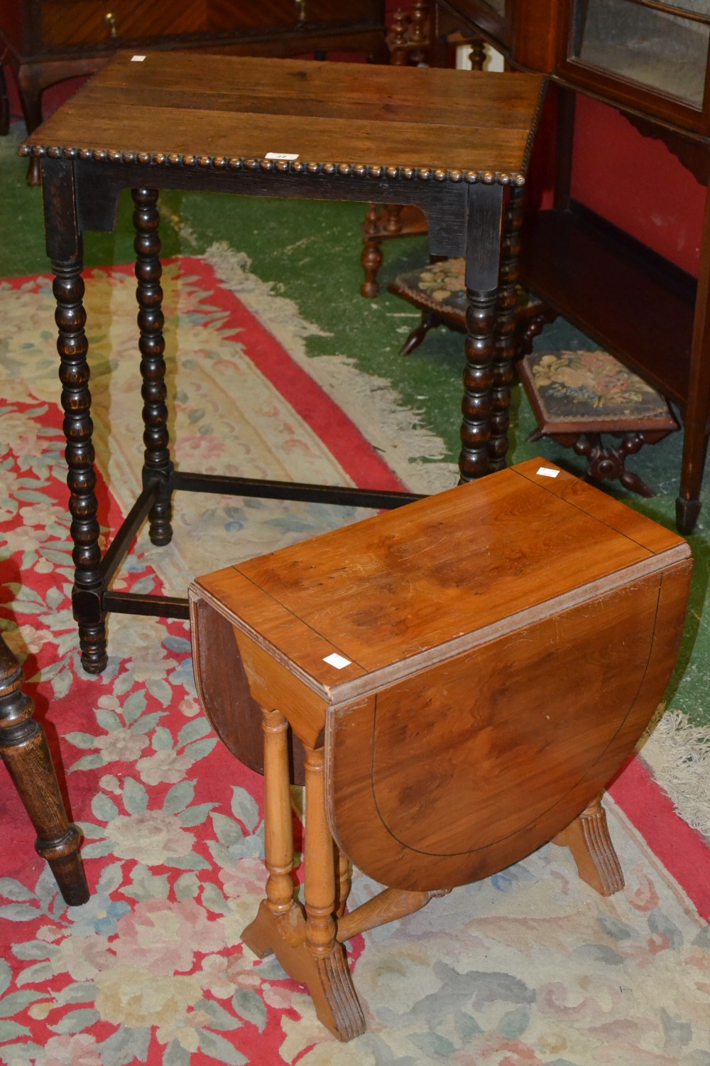 A 17th century style oak rectangular occasional table, bobbin turned legs, c.1925; a yew wood coffee