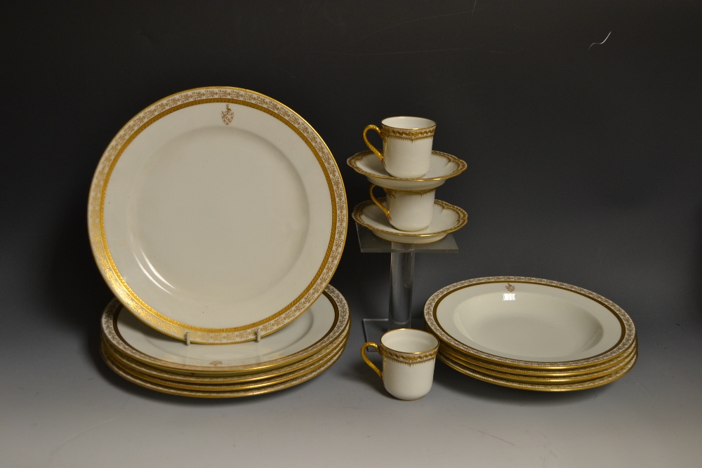 Ceramics - a part dinner set, crested gilt decoration, marked Cauldon china, J Milton Allen,