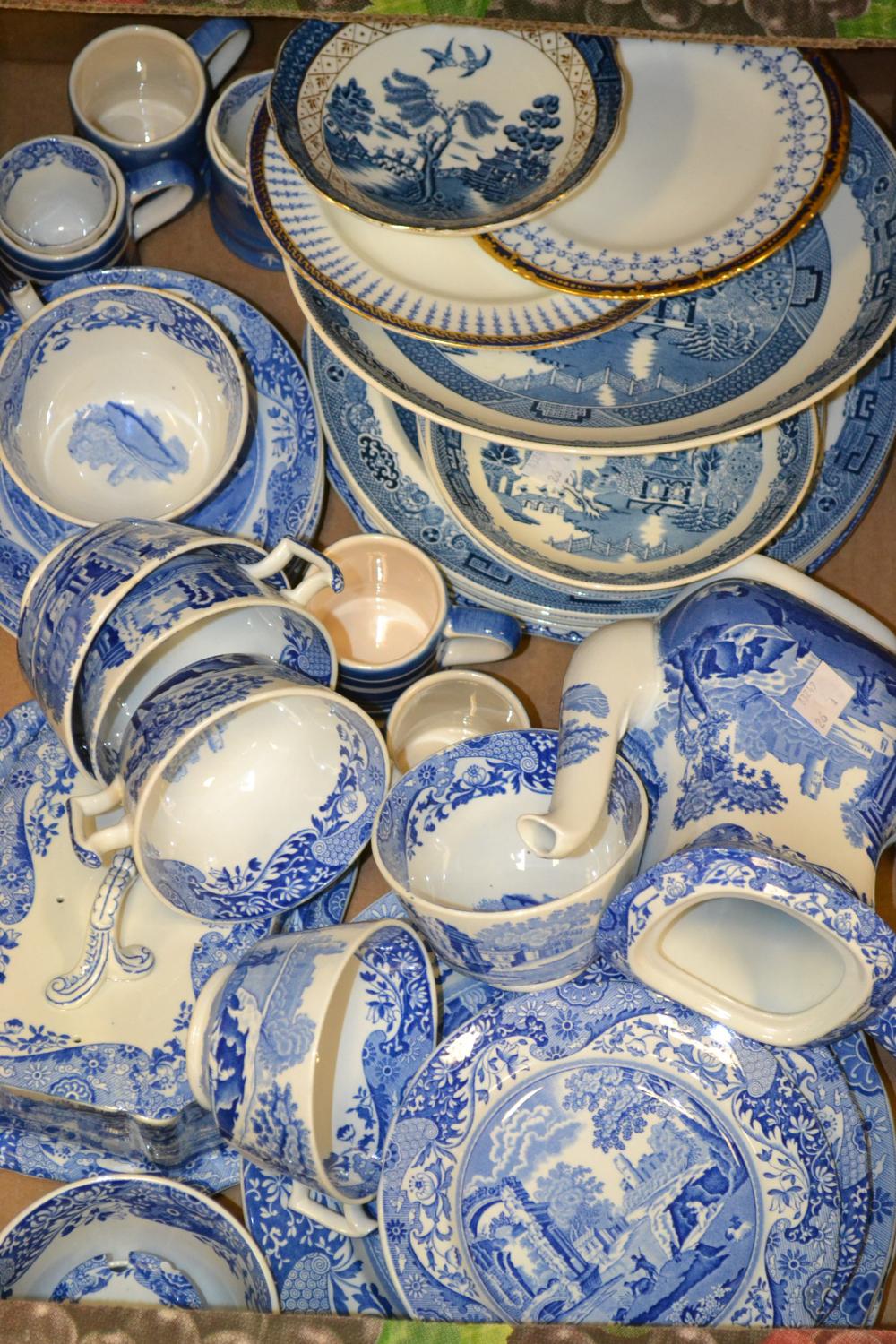 Wedgwood willow pattern flatwear; cups.plates,saucers, teapot Copeland Spode blue and white