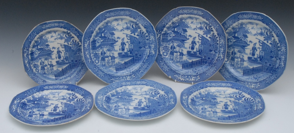 An associated set of six 19th century Minton Fisherman pattern blue and white octagonal plates,