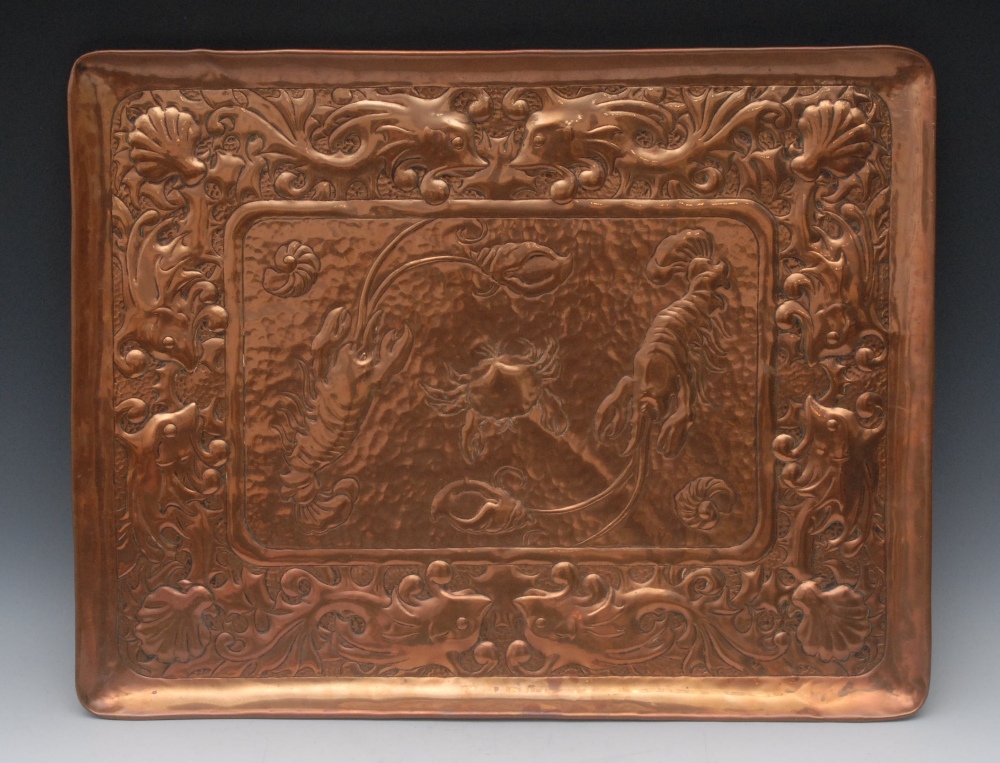 Newlyn School of Art - a rounded rectangular tray, decorated with fish and other sea creatures,