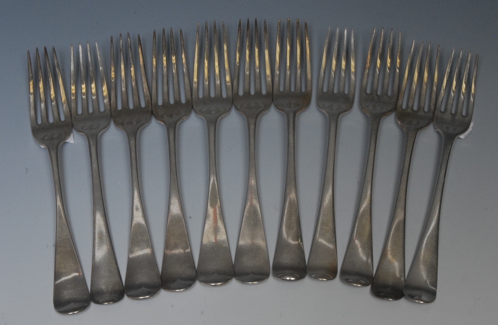 A matched set of six William IV and early Victorian silver table forks, London 1832 & 1841;