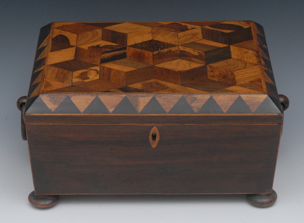A George IV rosewood and parquetry sarcophagus work box, hinged cover veneered in yew and other