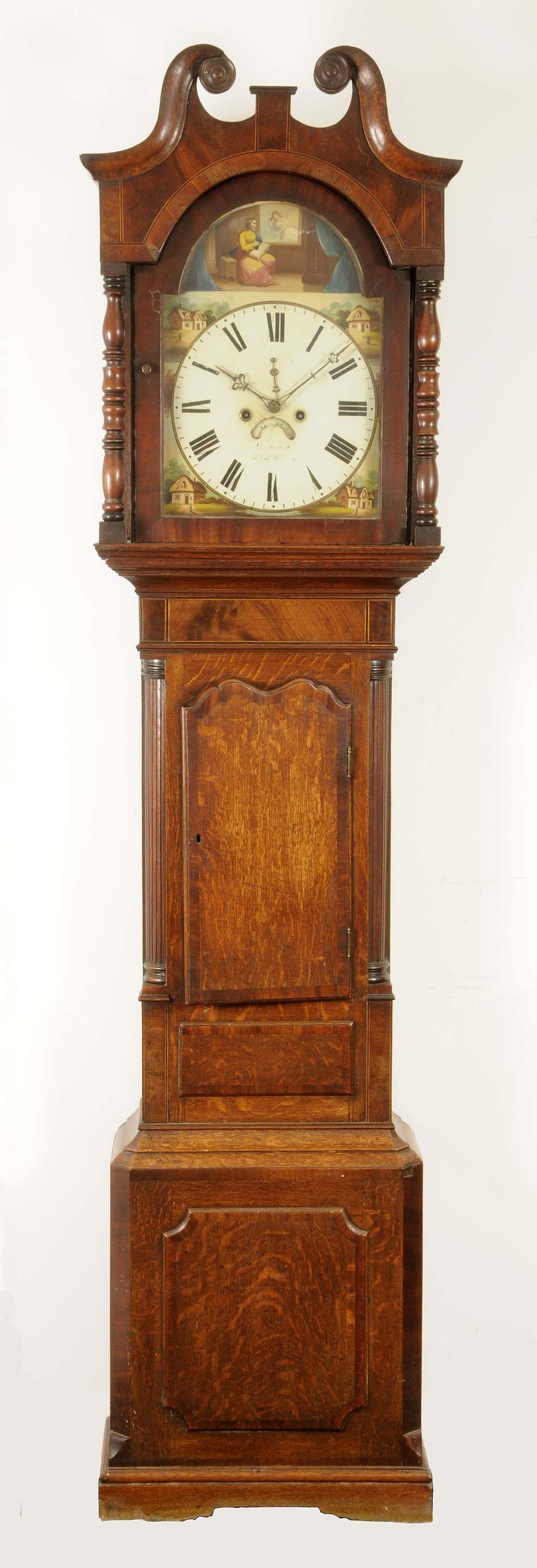 A George IV mahogany crossbanded oak longcase clock, 33cm arched painted dial inscribed Robinson,