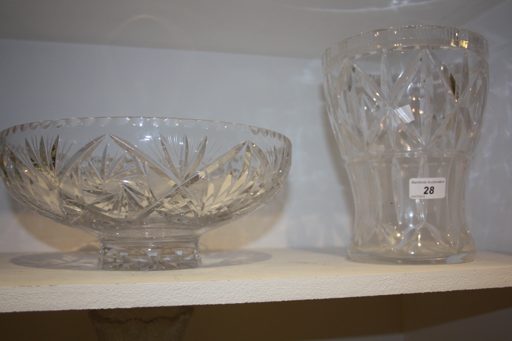 A lead crystal bowl, raised foot; a similar vase