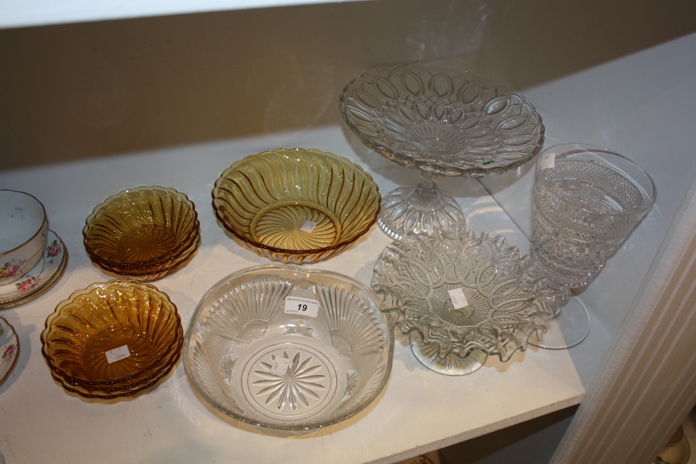 Glassware - cut and pressed glass comport; another; glass fruit bowl; another amber coloured fruit