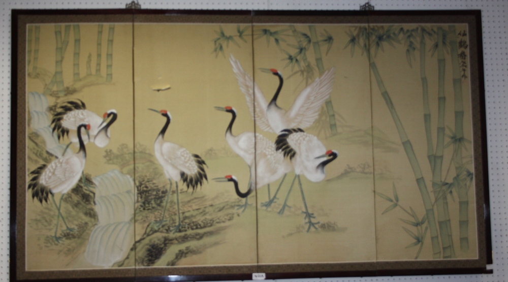 A Chinese silk screen picture, painted with cranes about bamboo in a stylized landscape, four