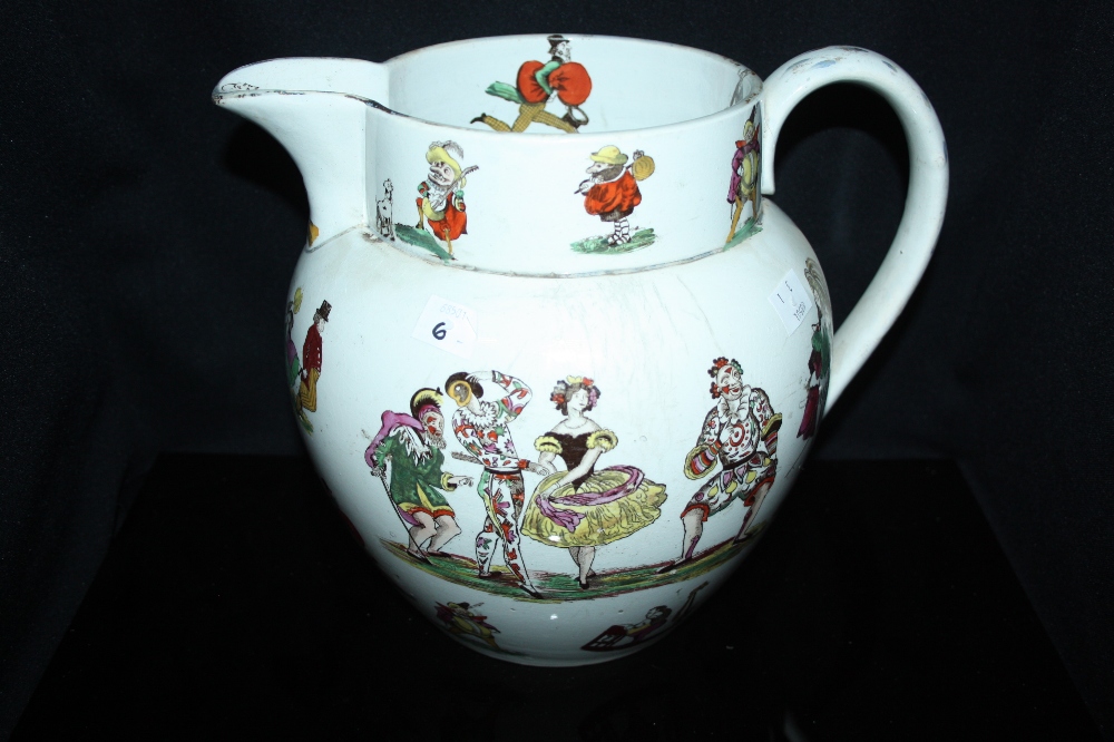 An 19th century Pearlware bulbous jug, printed with commedia dell' Arte and comical characters, c.