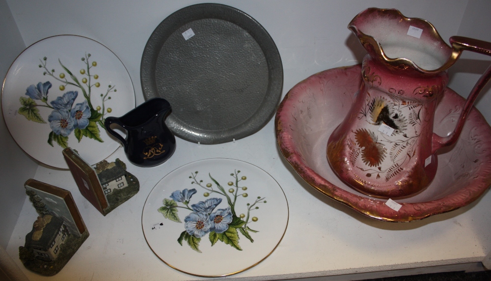 A Staffordshire wash bowl and jug; a pewter plate; a pair of Spode cake plates; Lilliput Lane type