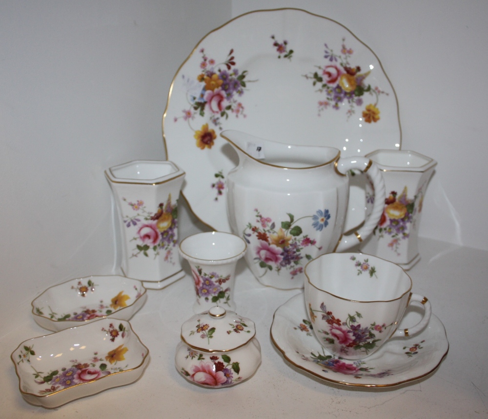 Royal Crown Derby Posies - a pair of tapering hexagonal vases; teacup and saucer; dinner plate;