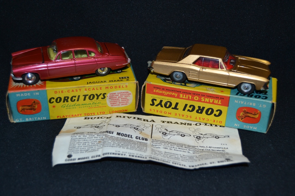 Corgi Toys,  238 Jaguar Mark X, cerise body with lemon yellow interior,luggage,  boxed, 1962-67;