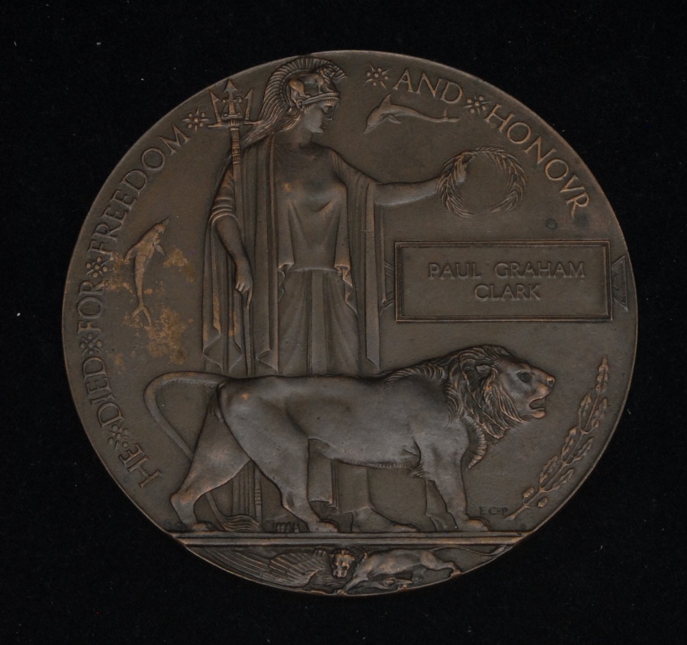 Medal, World War One, New Zealand Officer, Death Plaque, PAUL GRAHAM CLARK; 46224 2nd Lieutenant
