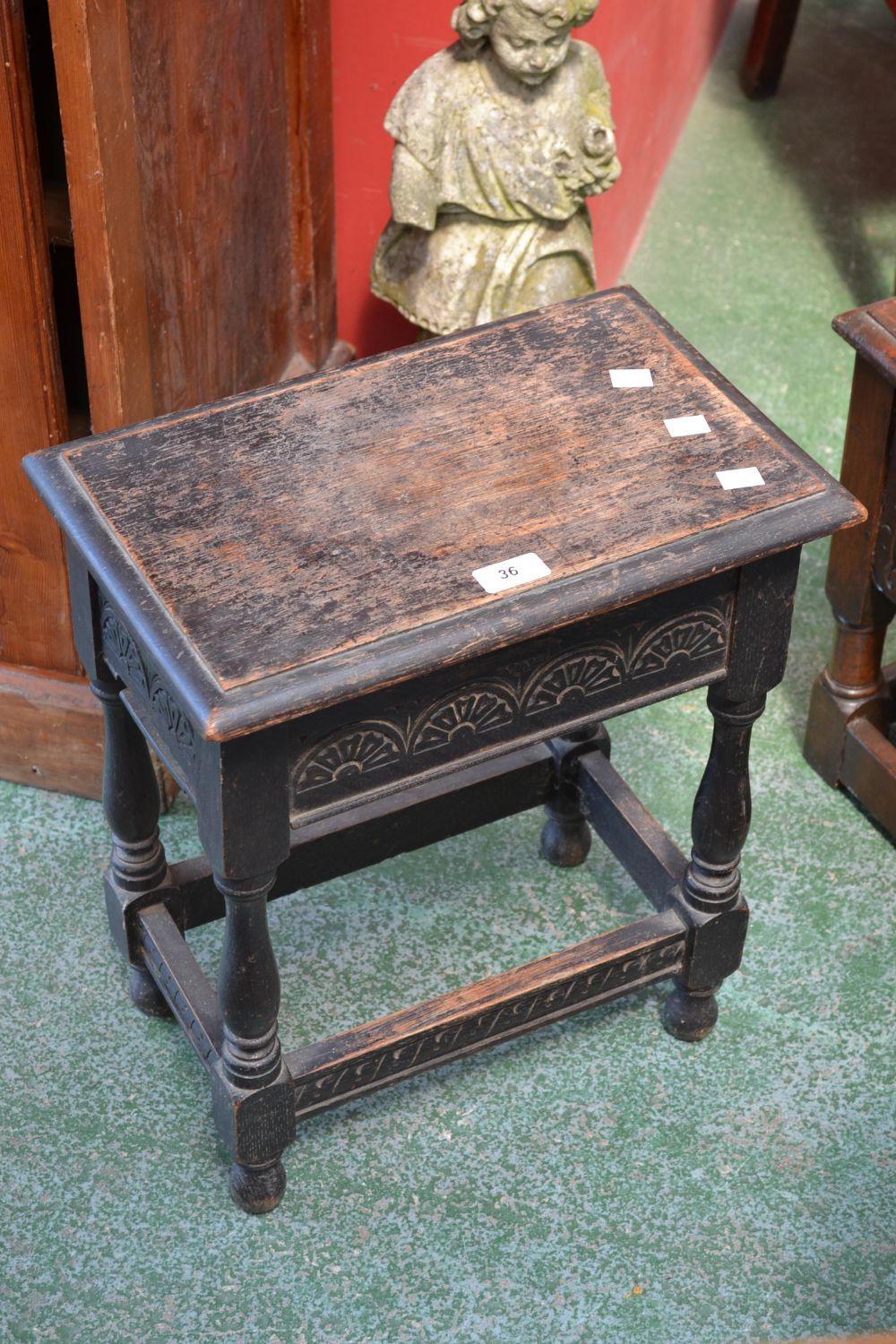 An oak work box, moulded hinged rectangular top, turned supports