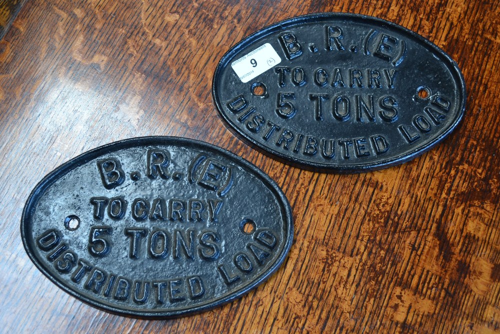 Railwayana - two painted cast iron oval wagon plates, each painted black with raised lettering 'B.