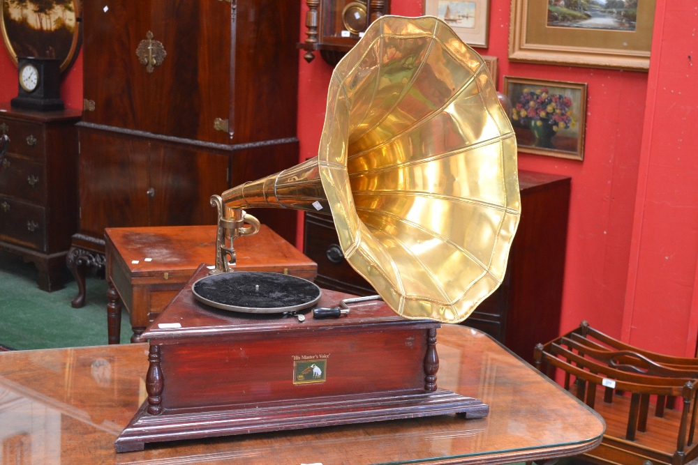 A triangular  HMV wind up gramophone, brass trumpet resonator