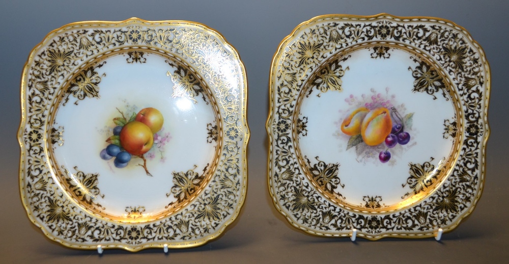 A pair of Royal Worcester shaped square dessert plates, each painted by Ayrton Townsend and