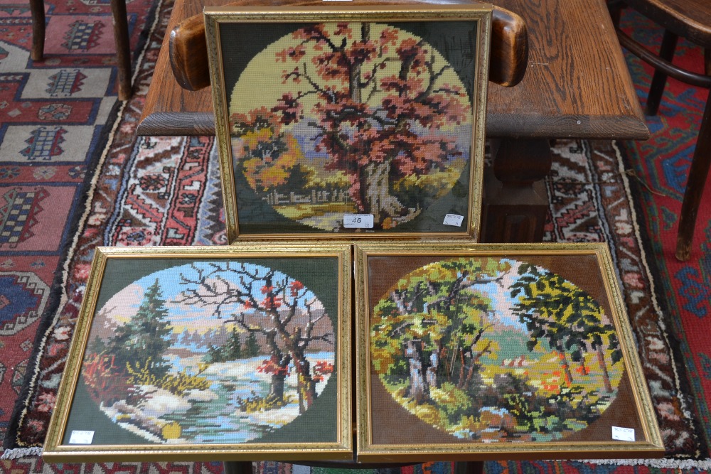 Three woolwork tapestries, depicting the seasons summer, Autumn and Winter, framed
***Being sold