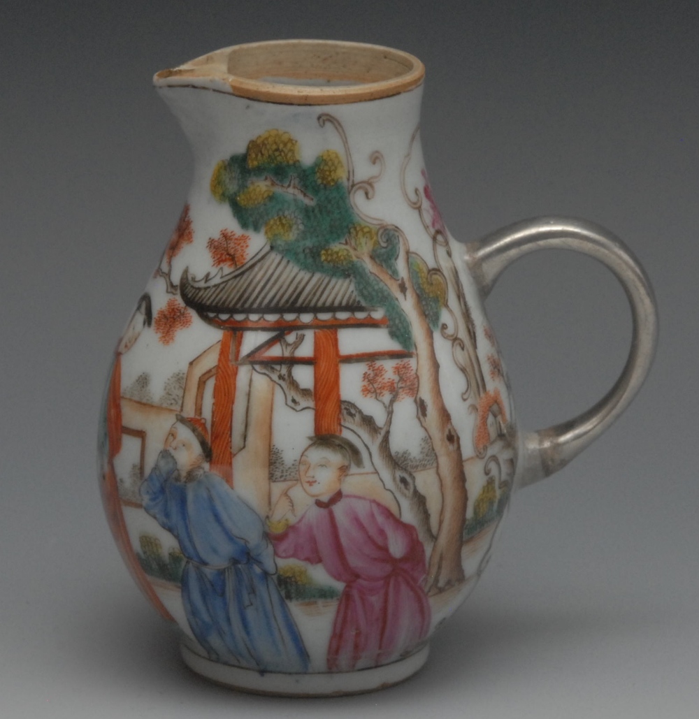 An 18th century Chinese sparrow beak jug, painted in polychrome with figures in the European manner,