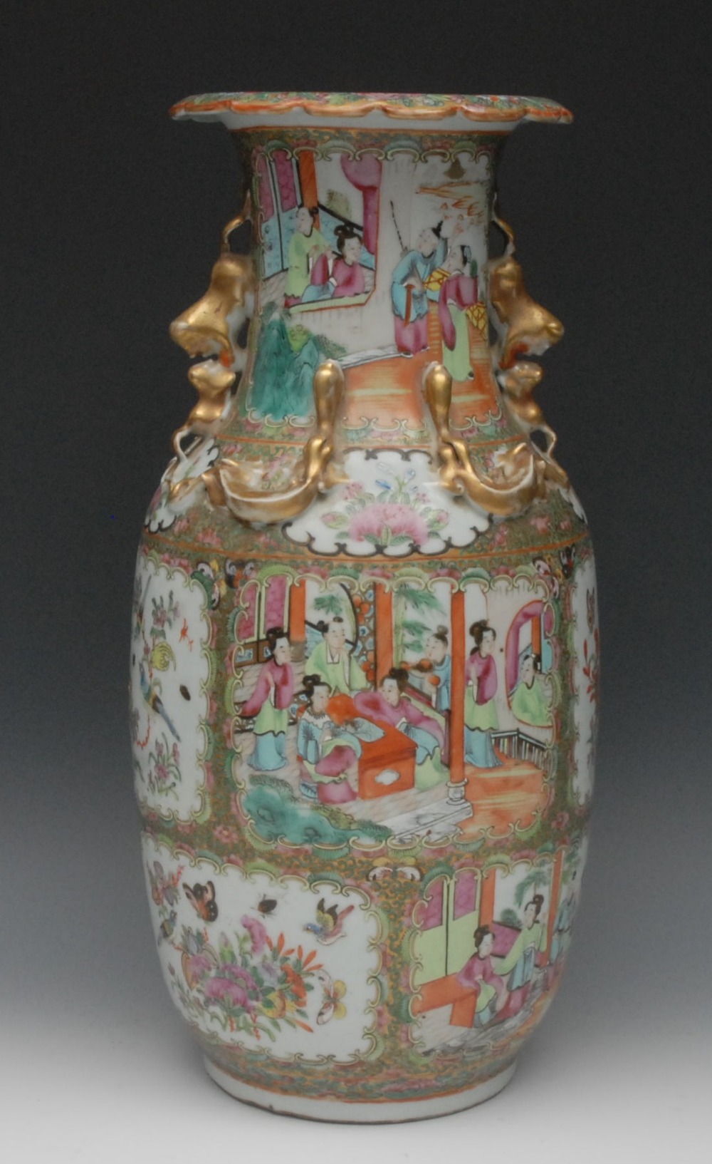 A Cantonese porcelain ovoid vase, painted in the Famille Rose palette with figures, officials and