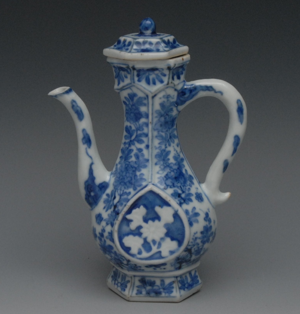 A Chinese Islamic shape blue and white porcelain hexagonal ewer, of small proportions, moulded in