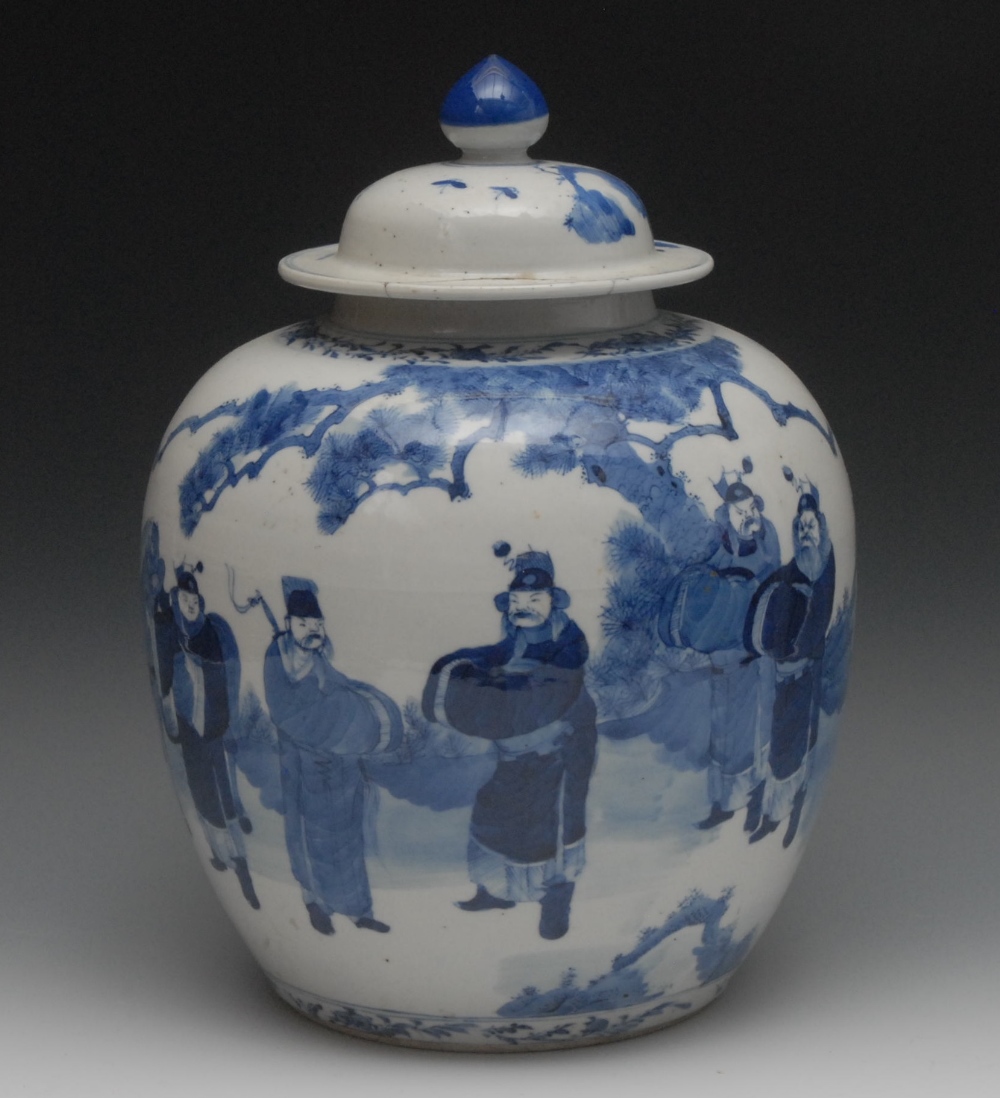A Chinese porcelain ovoid jar and cover, well painted in underglaze blue with warriors meeting, knop