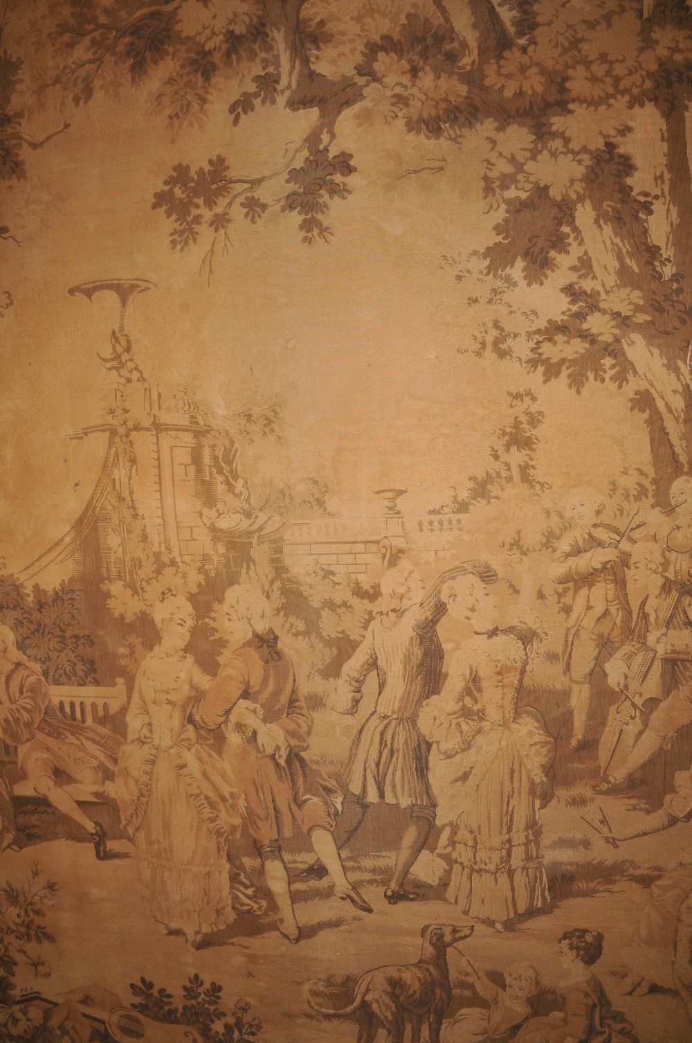 A pair of large Aubusson type tapestry wall hangings, worked in the 17th century taste, with figures