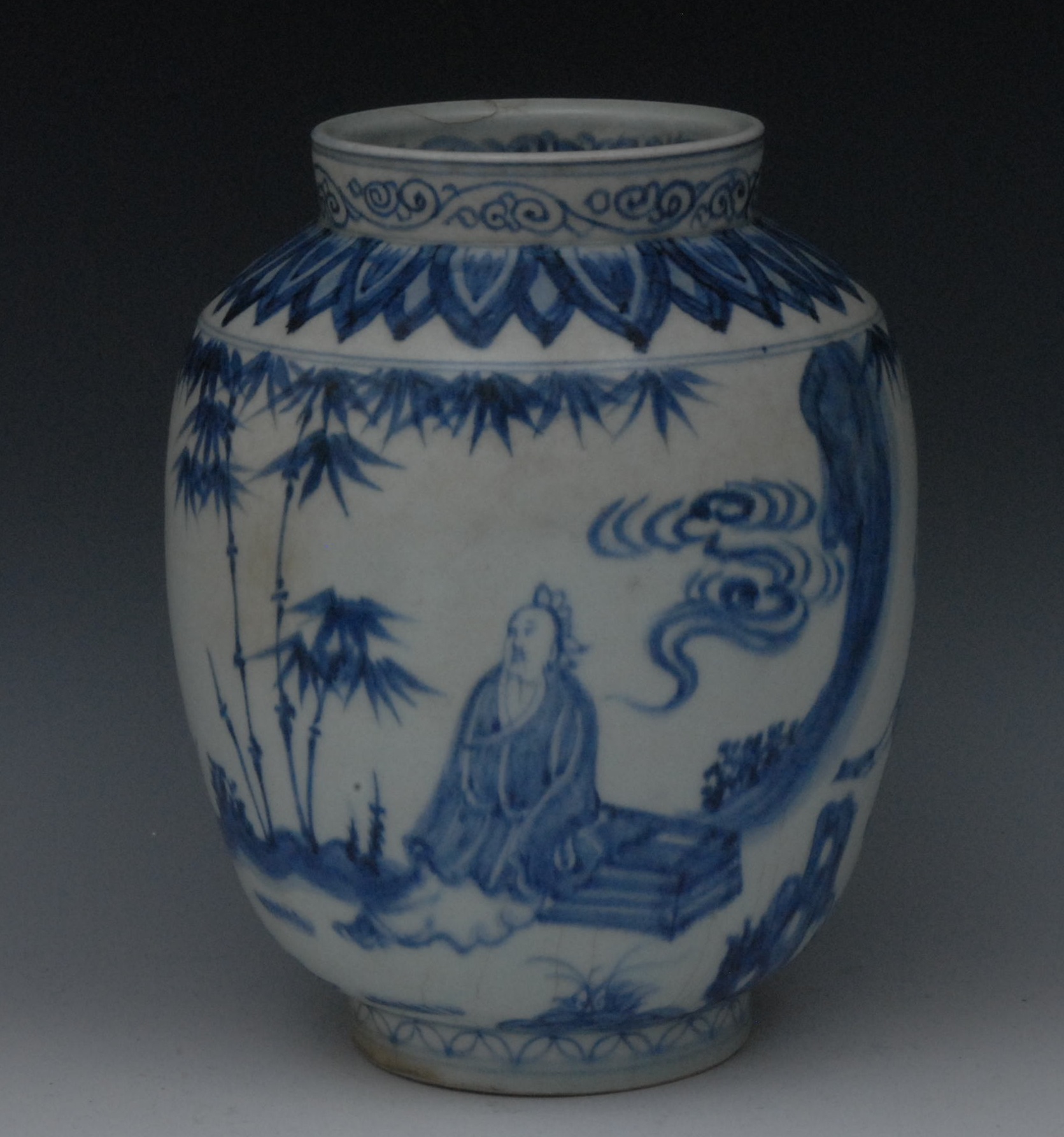 A Chinese ovoid vase, decorated in underglaze blue with elder, attendants, bamboo and foliage, the