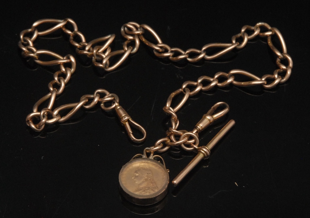 A late 19th century twisting link 15ct gold Albert chain, spring ring clasp, 9ct gold T bar, 42g