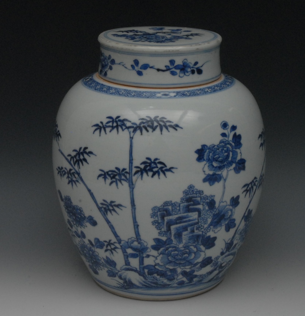 A Chinese blue and white porcelain ovoid ginger jar and cover, painted with chrysanthemums, leafy