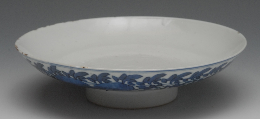 A Chinese porcelain circular dish, painted in underglaze blue with flowers and leafy stems, 19cm