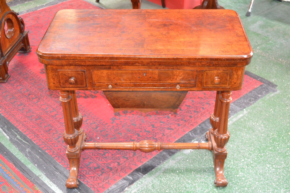 A Victorian walnut and marquetry combination card and work table, c.1850