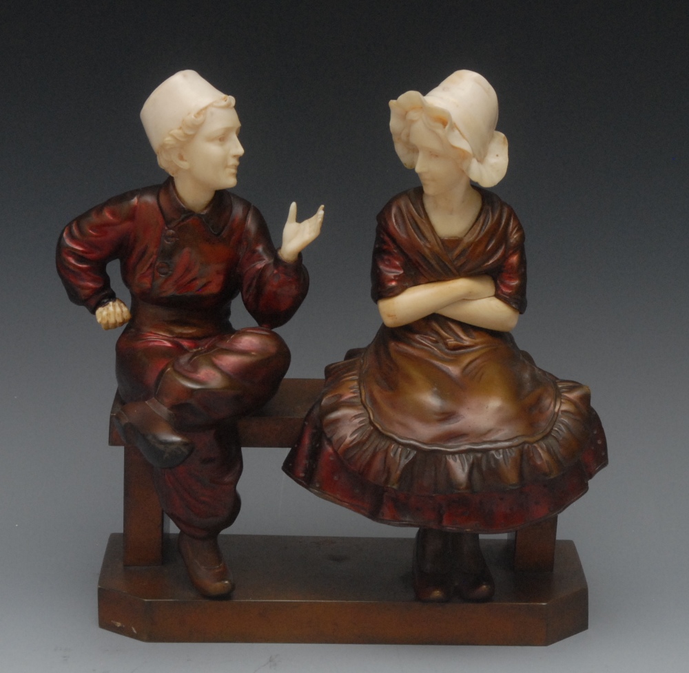Otto Poertzel (1876-1963), by, a bronze and ivory figural group, Childhood Sweethearts, they sit