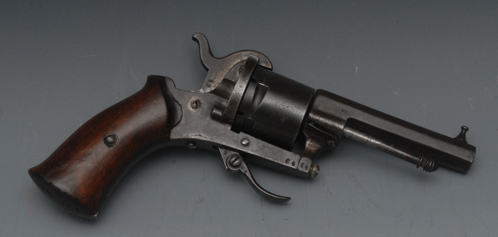 A Belgian 6 shot 7mm DA open frame PF revolver, 6¼” overall, octagonal barrel 2¾”, Liege proved, the