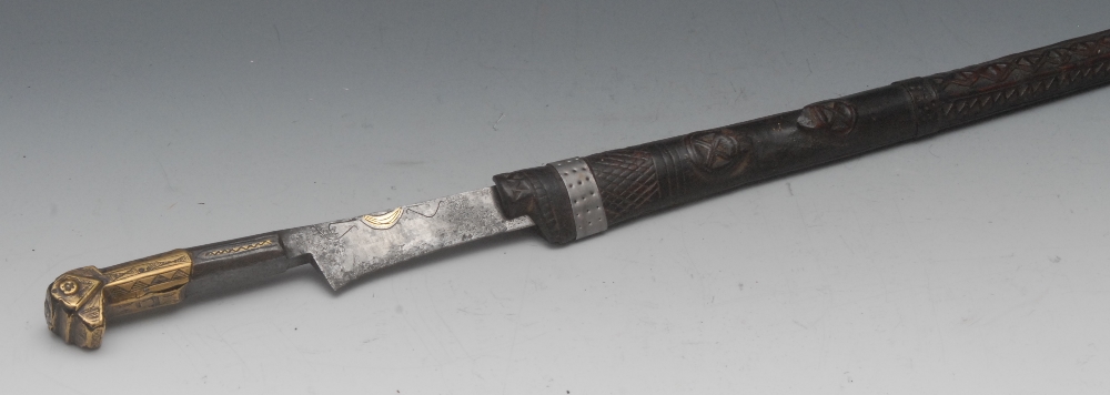 A Middle Eastern bichaq or yatagan type short sword, 53cm single-edged blade damascened and engraved