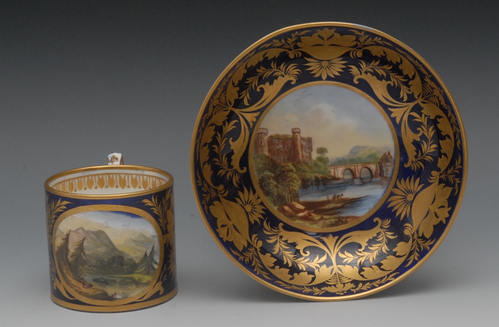 A Derby Named View coffee can and saucer, painted with in Italy and Barnard Castle within gilt