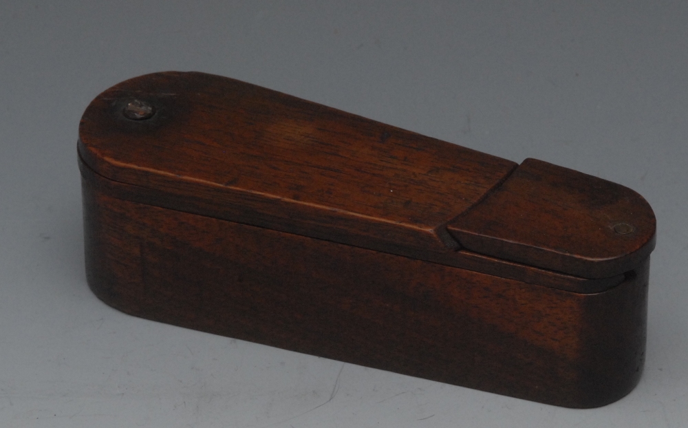 A 19th century mahogany novelty and macabre snuff box, as a coffin, folding trick cover, 3.4cm high,