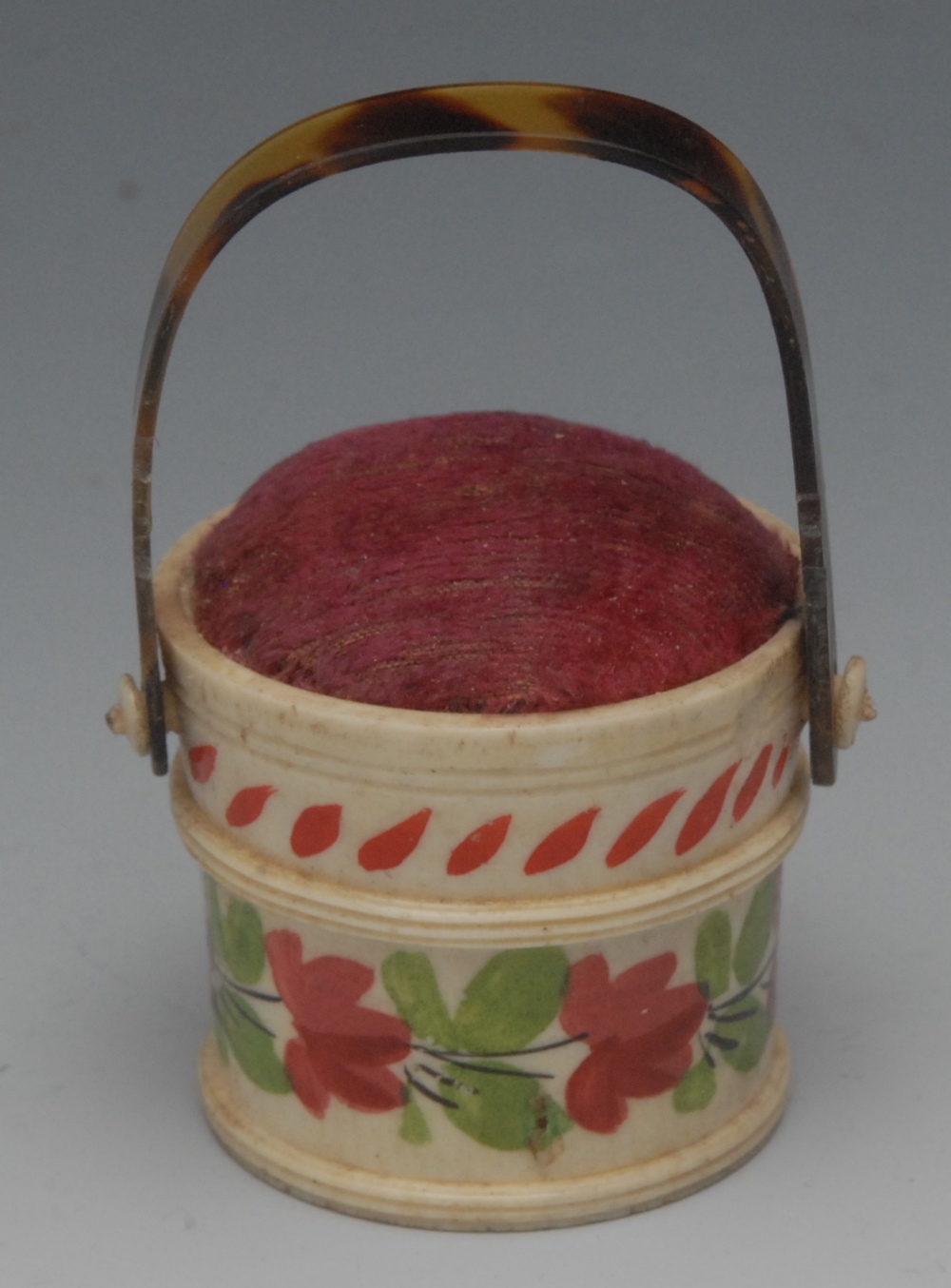 Sewing - a George III ivory novelty pin cushion, as a bucket, painted with autumnal leafy stems