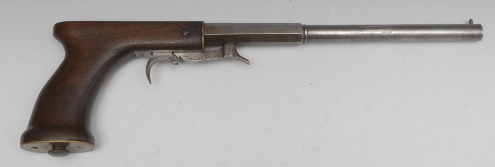 An underhammer percussion pistol, 9mm bore 22.5cm long octagonal/round barrel, wooden grip, brass