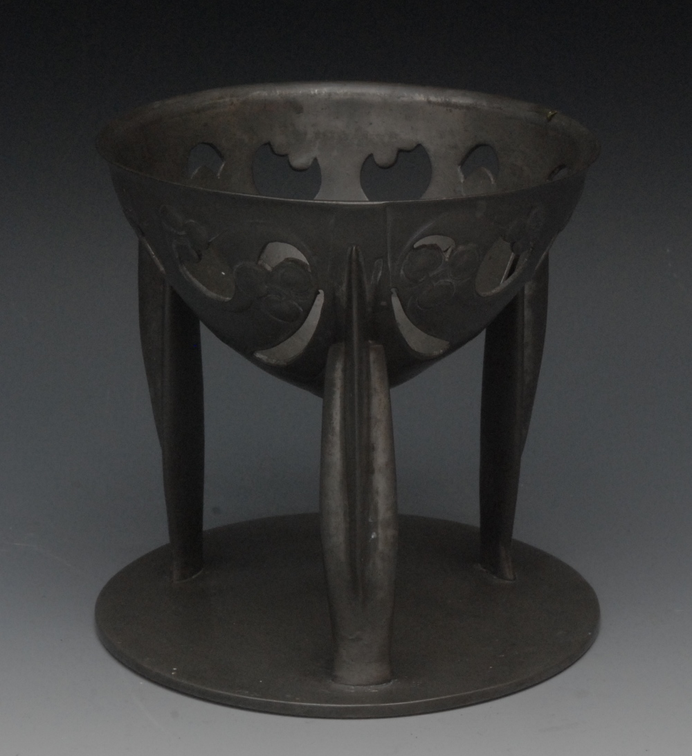 Liberty & Co - a Tudric pewter pedestal rose bowl, designed by Archibald Knox (1864 - 1933), pierced
