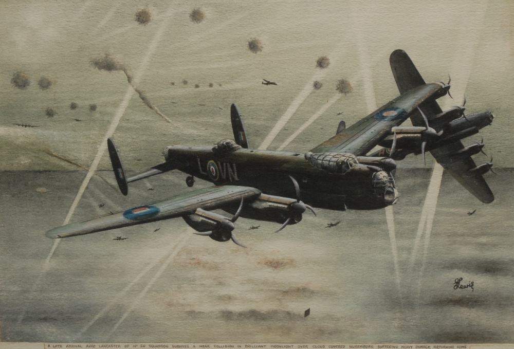 G**Lewis
The Late Arrival Avro Lancaster of No.50 Squadron
signed, watercolour, 34.5cm x 52cm