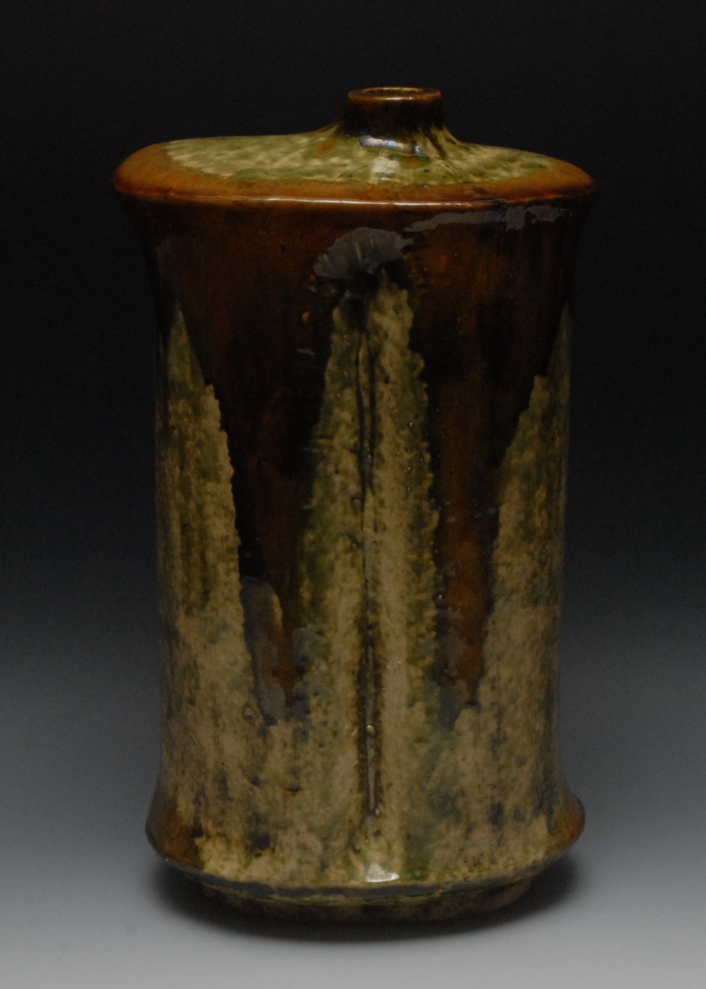 An unusual Zsolnay Pec studio pottery vase, dripped and mottled in olive green,  44cm high,