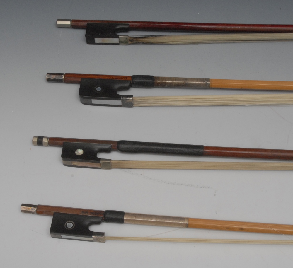 A violin bow, patent split cane, by Lawrence Cocker, Derby, ebony frog inlaid with a mother of pearl - Image 2 of 2