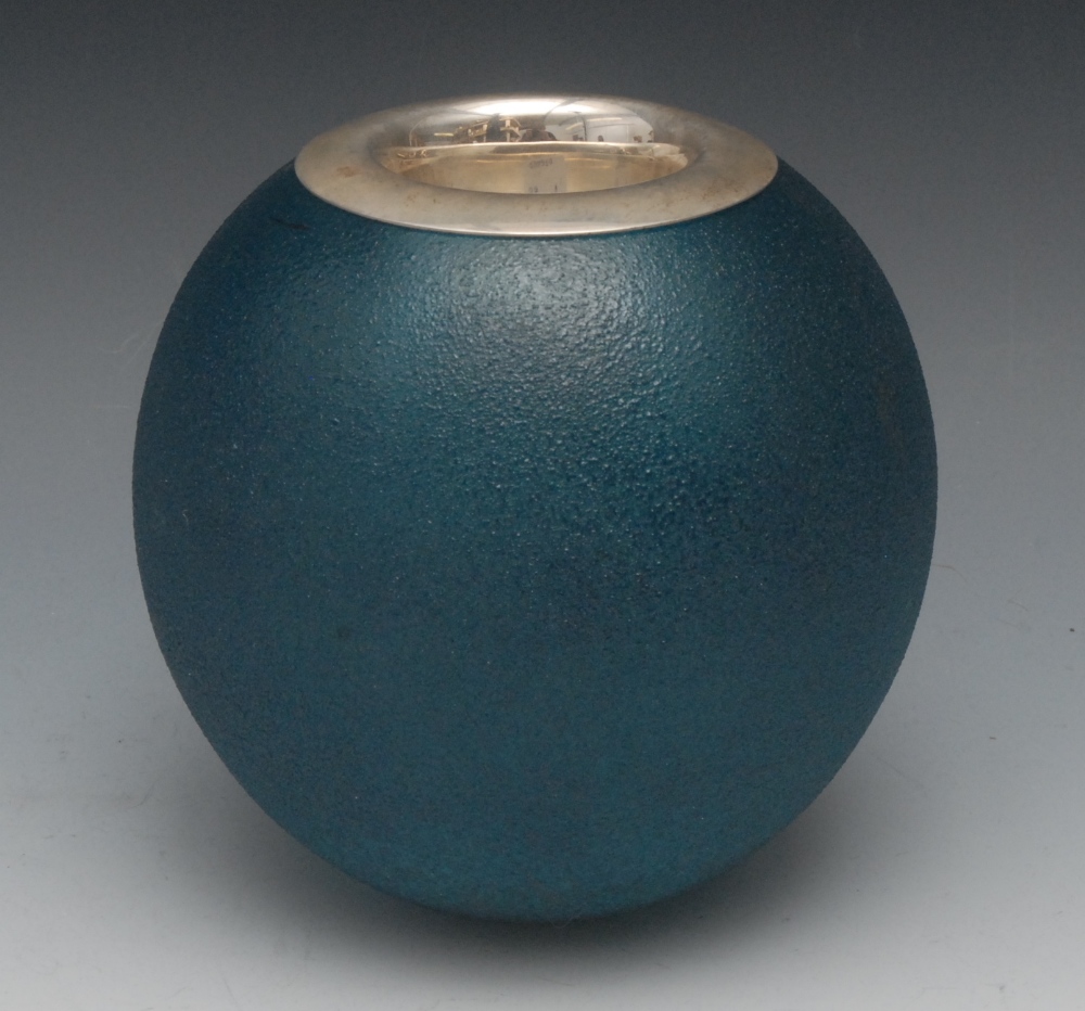 A substantial Elizabeth II silver and frosted blue glass globular match strike, 15cm high, 14.5cm