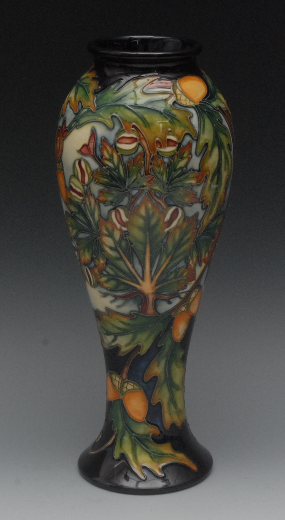 A contemporary Moorcroft  Shirewood pattern slender baluster vase, designed by Philip Gibson, tube