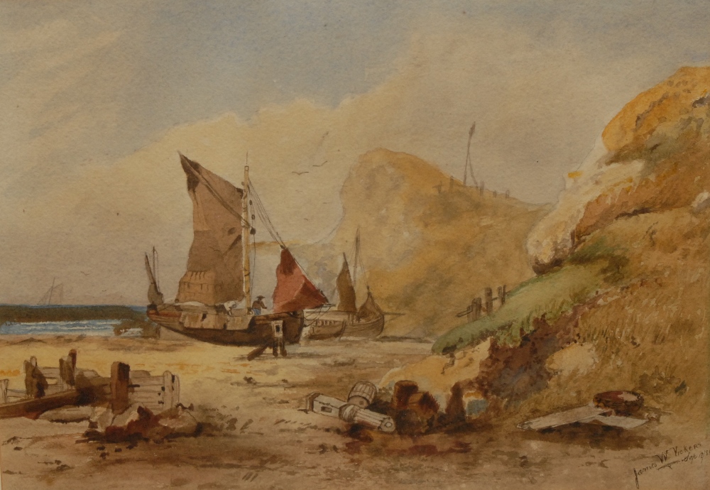 James W** Vickers (19th century)
Beached Repairs to Sails
signed, dated 1881, 26cm x 37cm