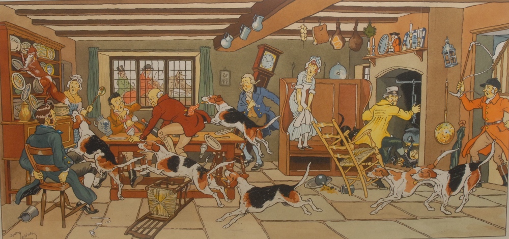 Harry Eliott (1882 - 1959)
Humorous study, Fox Escaping the  Kitchen
signed, watercolour, 30cm x