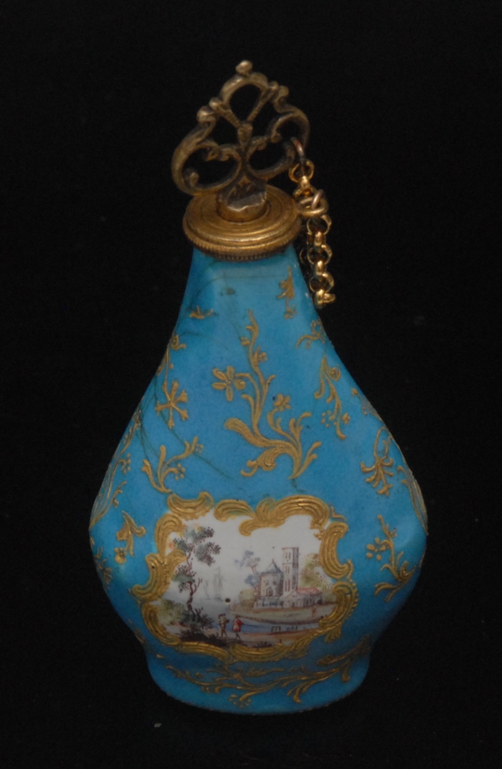 A 'Honeysuckle Group' Staffordshire turquoise enamel scent bottle, with gilt cartouche with